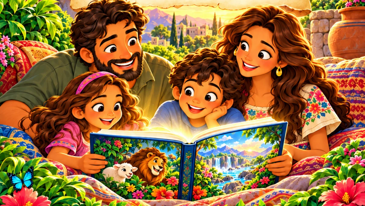 Ilustración del libro: dos niños descubriendo una historia con sus padres